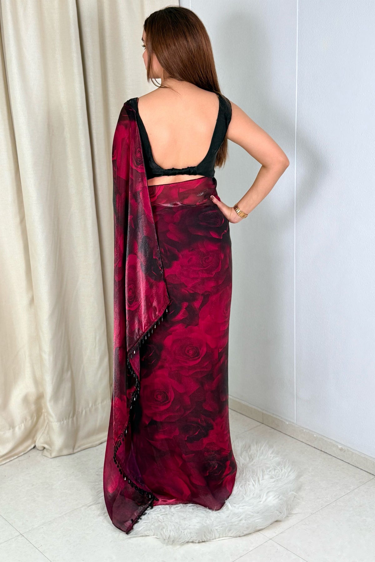 Captivating Wine Fendy Satin Saree with 3D Print and Beads Work for Women