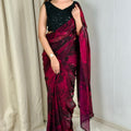 Captivating Wine Fendy Satin Saree with 3D Print and Beads Work for Women