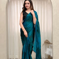 Striking Teal Blue Fendy Satin Saree with 3D Print and Beads Work for Women