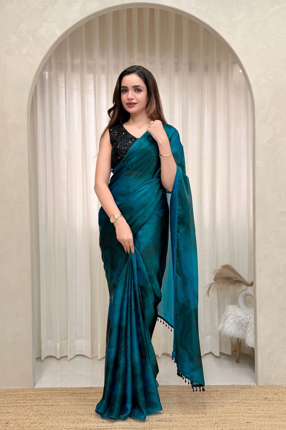 Striking Teal Blue Fendy Satin Saree with 3D Print and Beads Work for Women