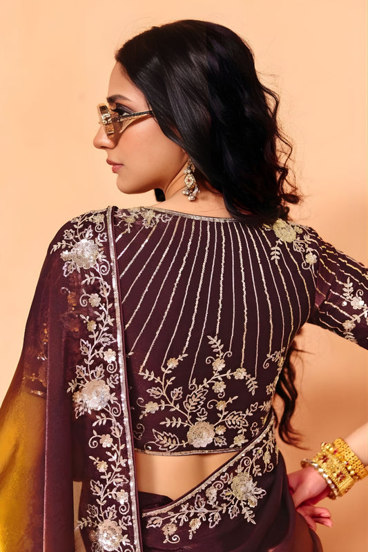 Chocolate Brown Designer Embroidered Silk Saree Zari Border Blouse Piece