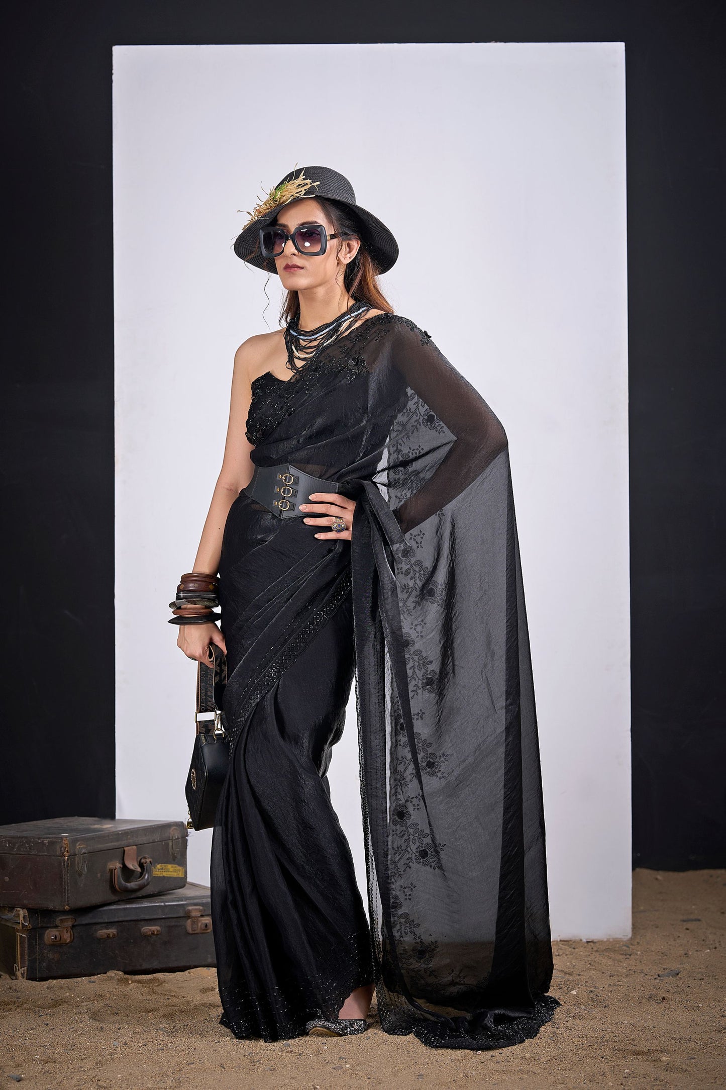 Black Organza Silk Saree with Floral Embroidery Designer Saree