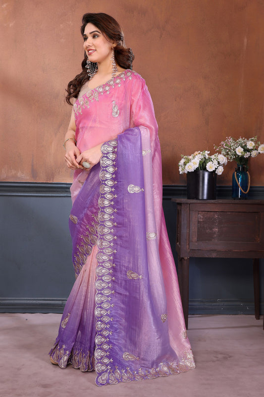 Pink Purple Embroidered Organza Silk Saree Designer Border
