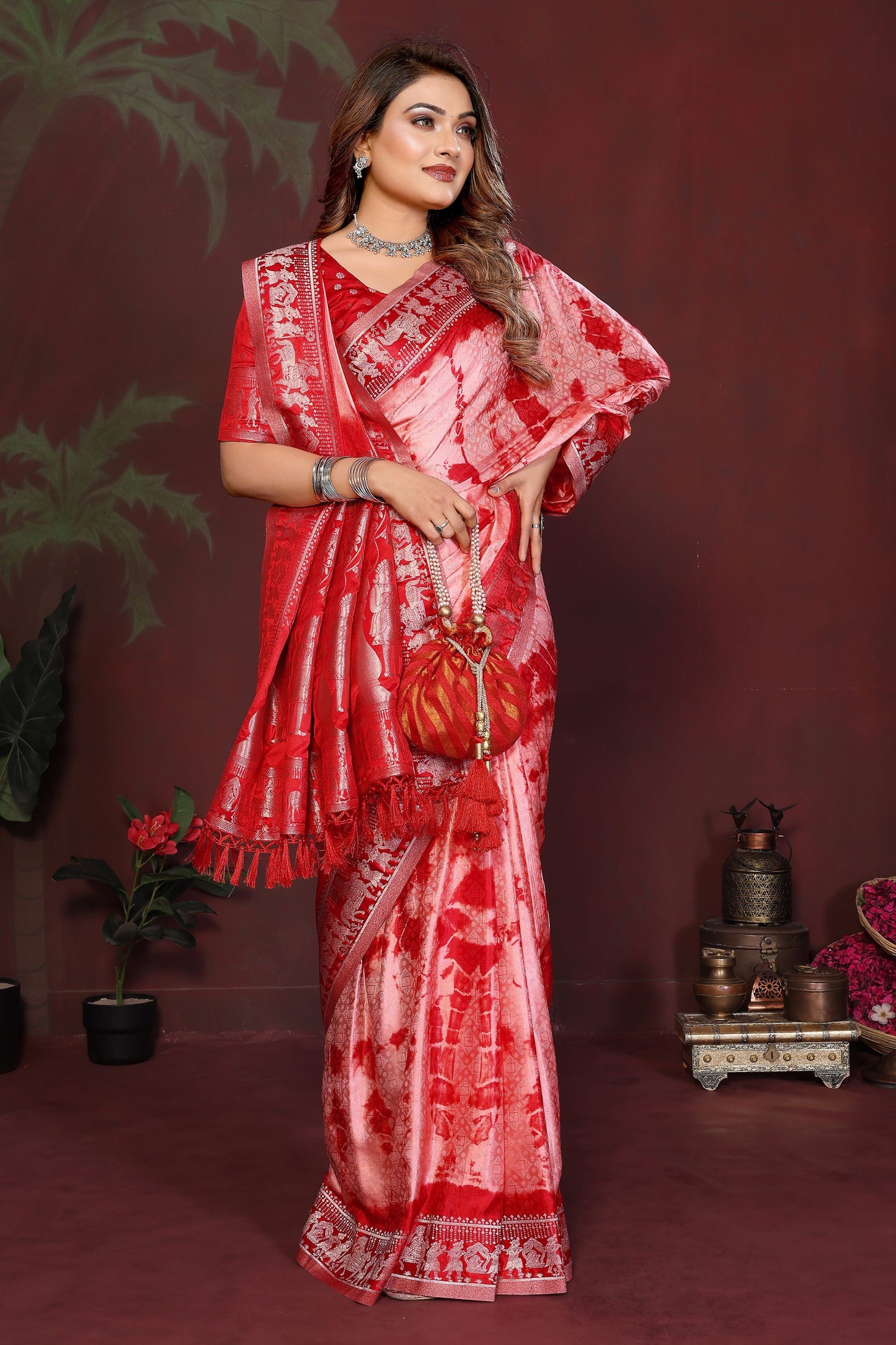 Red Banarasi Silk Saree Zari Border Traditional Weaving Saree