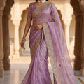 Lavender Organza Silk Saree with Heavy Embroidery Designer Border