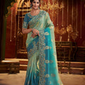 Sea Green Teal Blue Embroidered Silk Blend Saree with Designer Blouse 