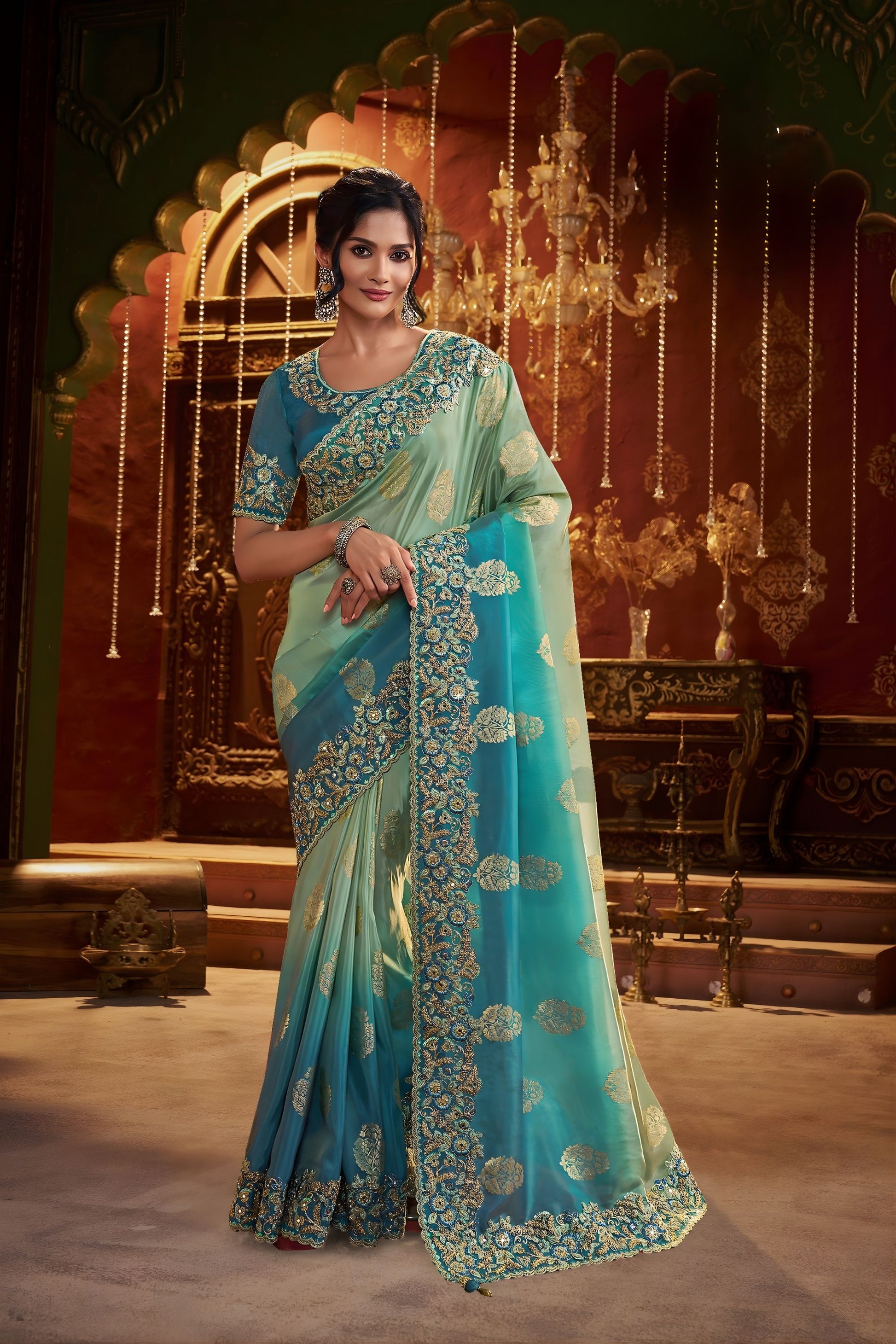Sea Green Teal Blue Embroidered Silk Blend Saree with Designer Blouse 