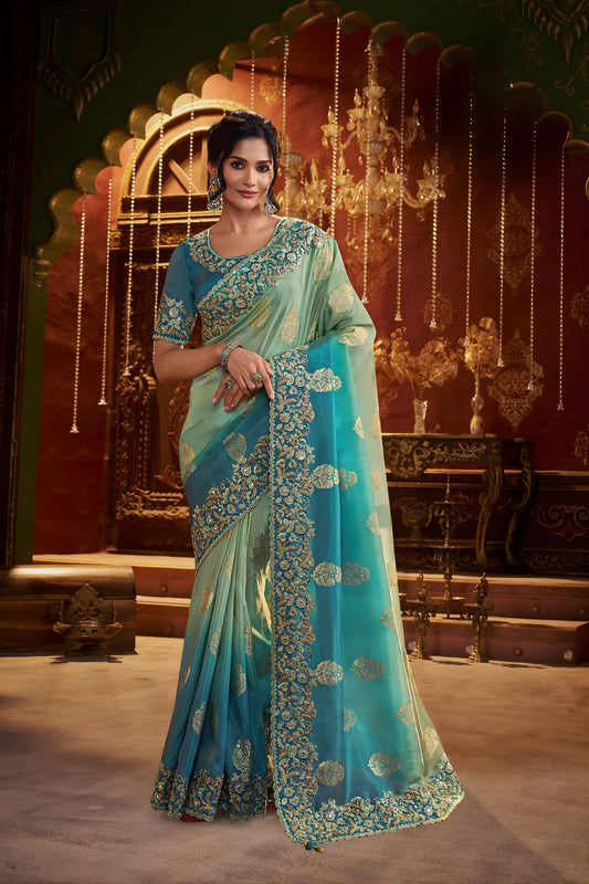Sea Green Teal Blue Embroidered Silk Blend Saree with Designer Blouse 