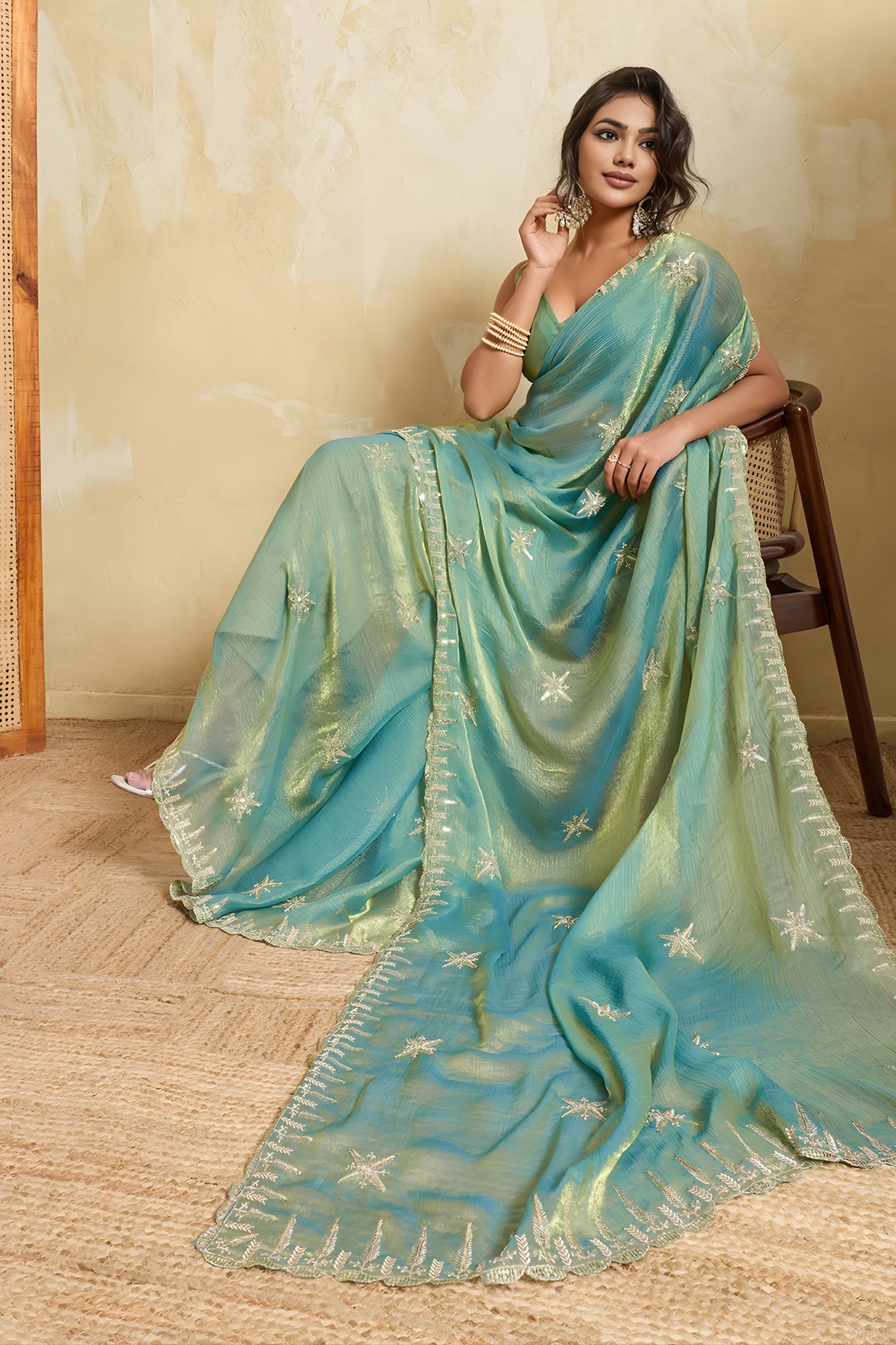Sea Green Teal Dual Tone Designer Saree Embroidery Sequin Georgette Saree