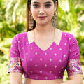 Purple Silk Saree Pink Border Multicolor Peacock Zari Weaving Work