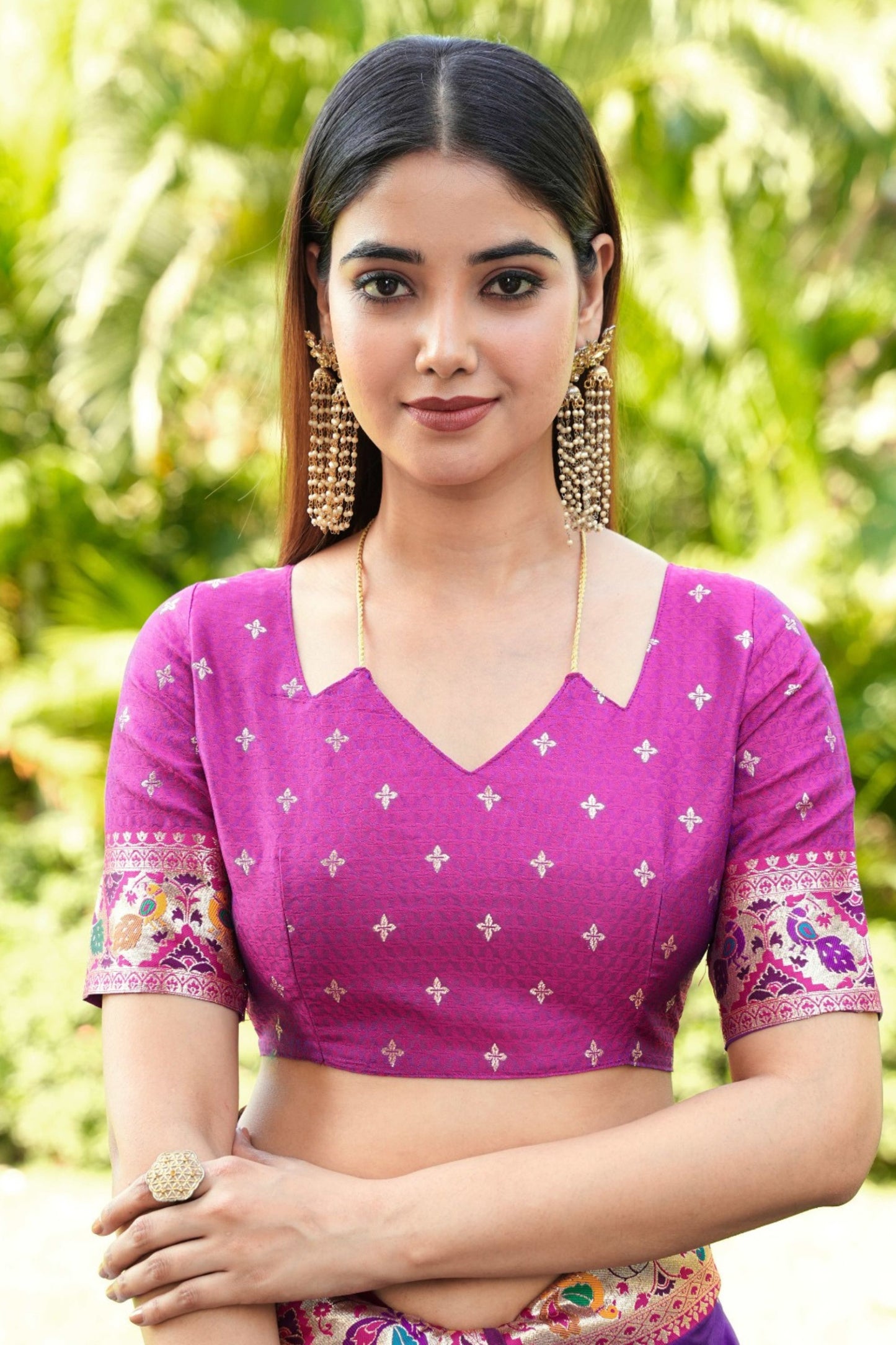 Purple Silk Saree Pink Border Multicolor Peacock Zari Weaving Work