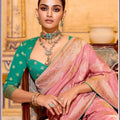Pastel Pink Banarasi Silk Saree with Golden Zari Contrast Teal Blouse