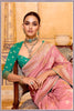 Pastel Pink Banarasi Silk Saree with Golden Zari Contrast Teal Blouse