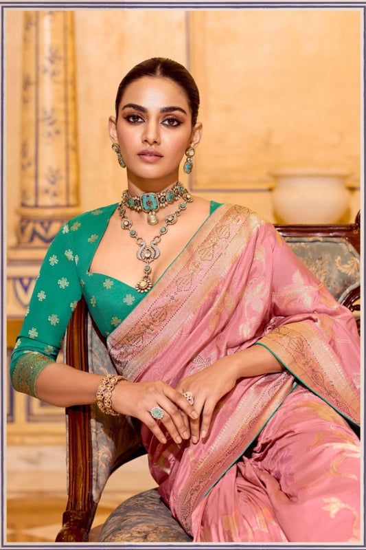 Pastel Pink Banarasi Silk Saree with Golden Zari Contrast Teal Blouse