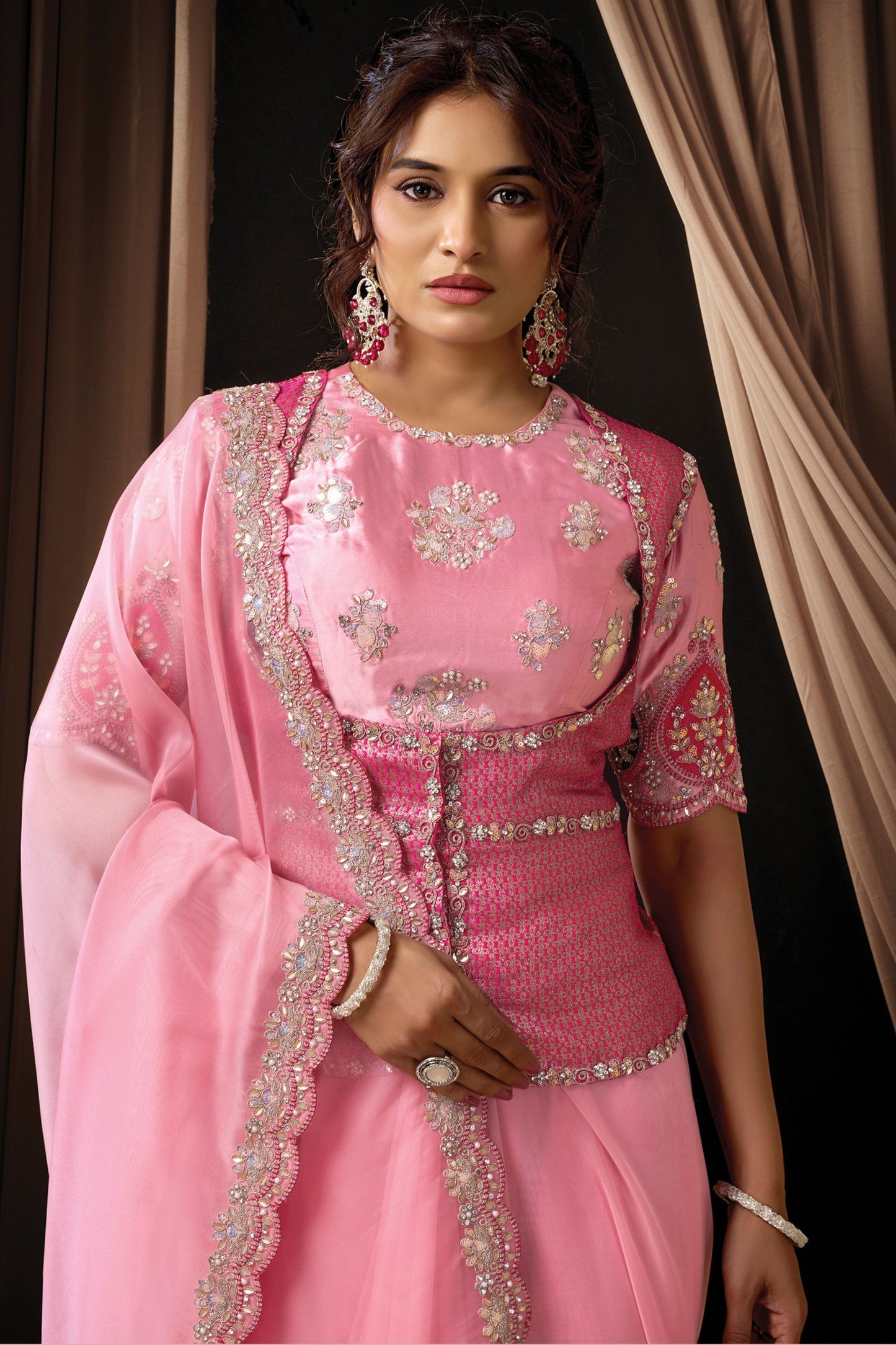 Elegant Pink Embroidered Designer Saree with Zari Border Blouse