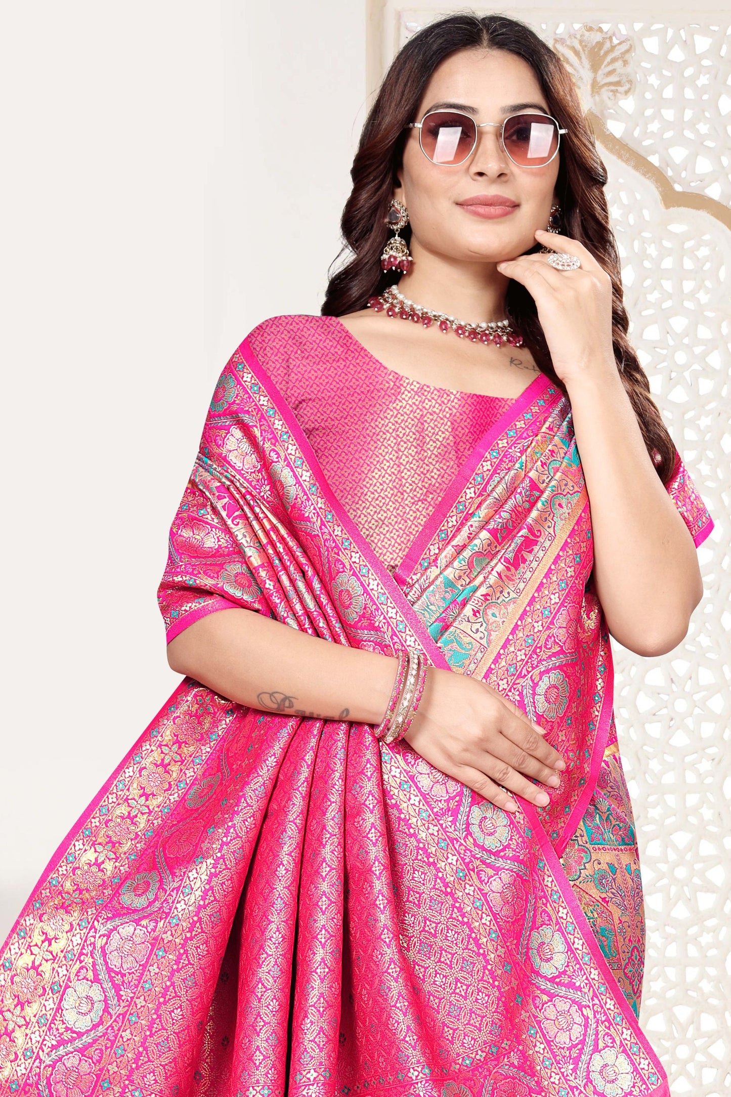 Rani Pink and Beige Banarasi Silk Saree with Rich Zari Woven Design