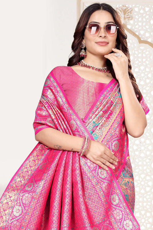 Rani Pink and Beige Banarasi Silk Saree with Rich Zari Woven Design
