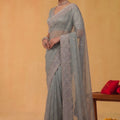 Dusty Blue Net Saree Heavy Silver Embroidered Border Designer Blouse