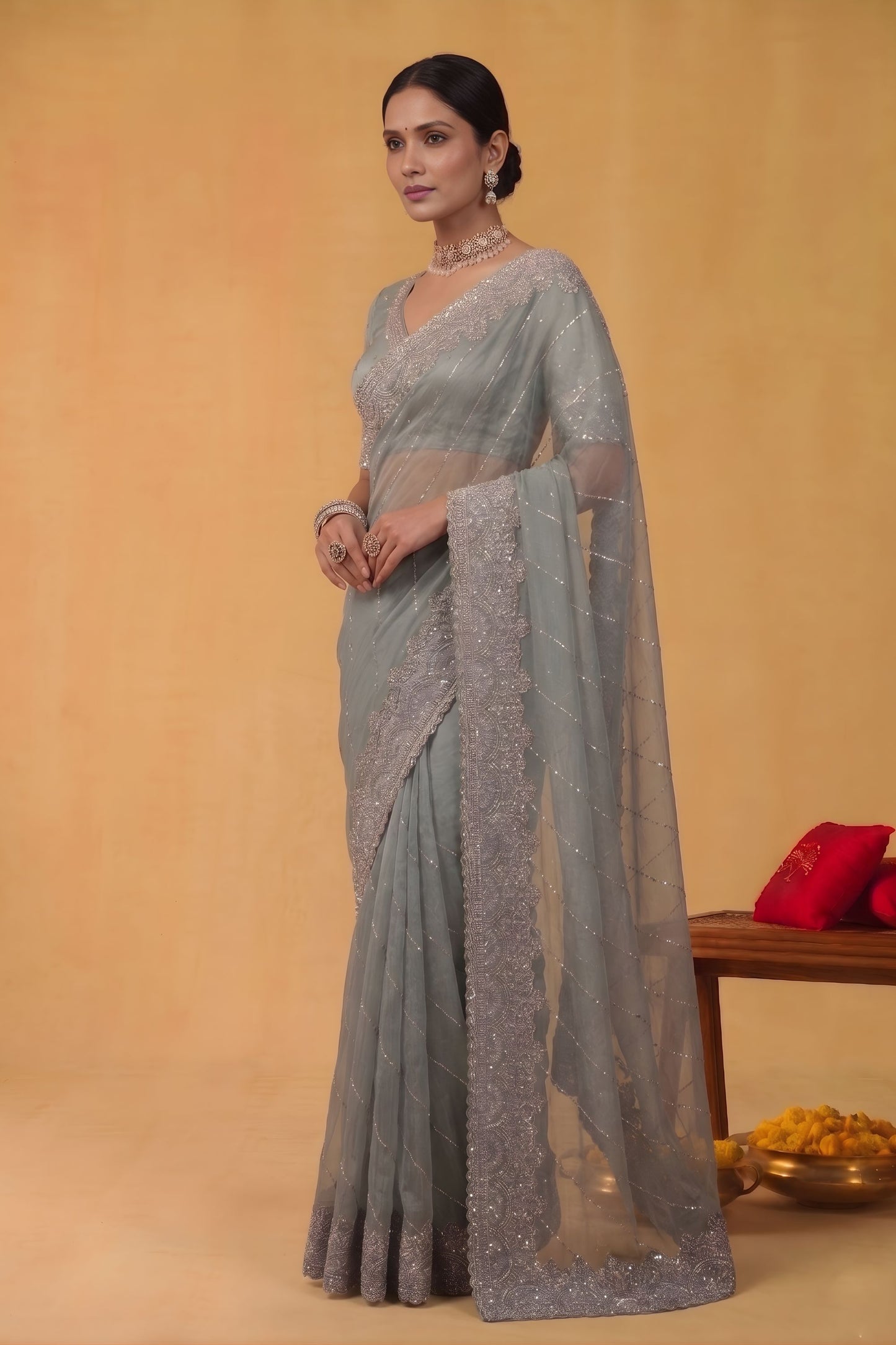 Dusty Blue Net Saree Heavy Silver Embroidered Border Designer Blouse