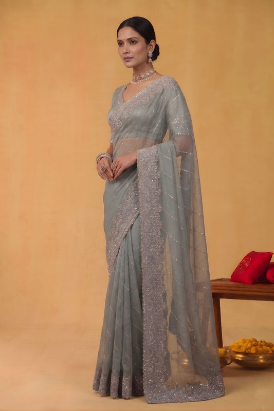 Dusty Blue Net Saree Heavy Silver Embroidered Border Designer Blouse