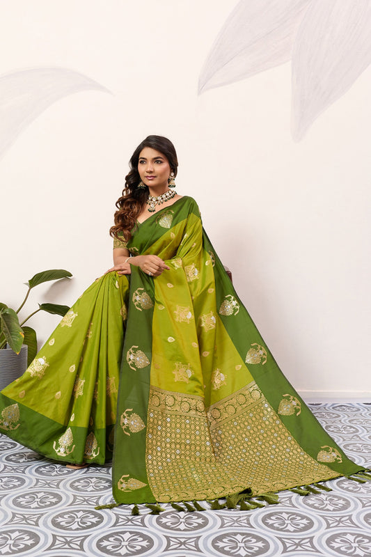 Olive Green Banarasi Silk Saree Gold Zari Motifs Rich Woven Pallu