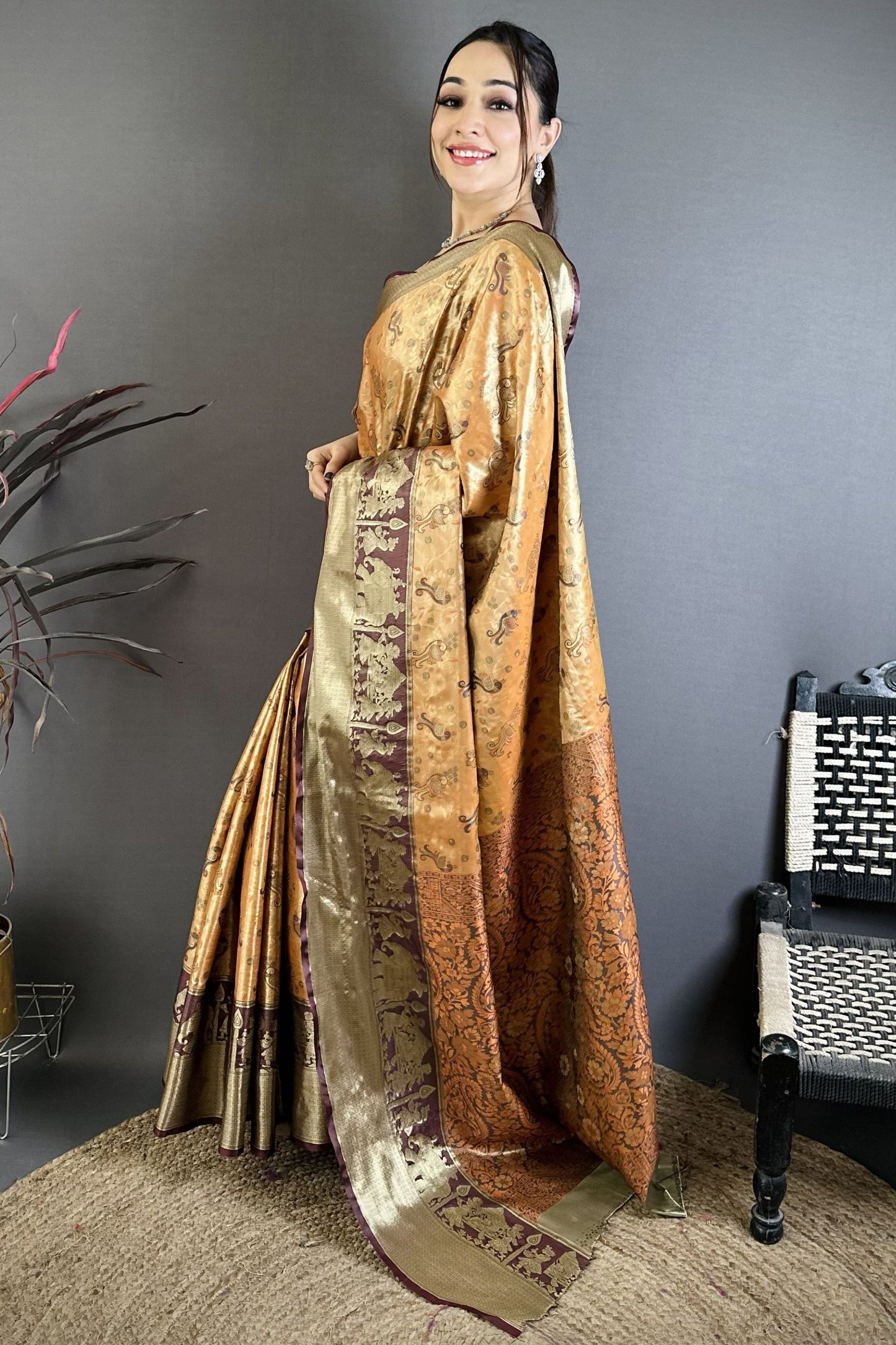 Mustard Gold Maroon Kanjivaram Silk Saree Traditional Zari Woven Saree