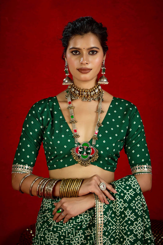Green Bandhani Print Georgette Saree with Golden Border Festive Wear
