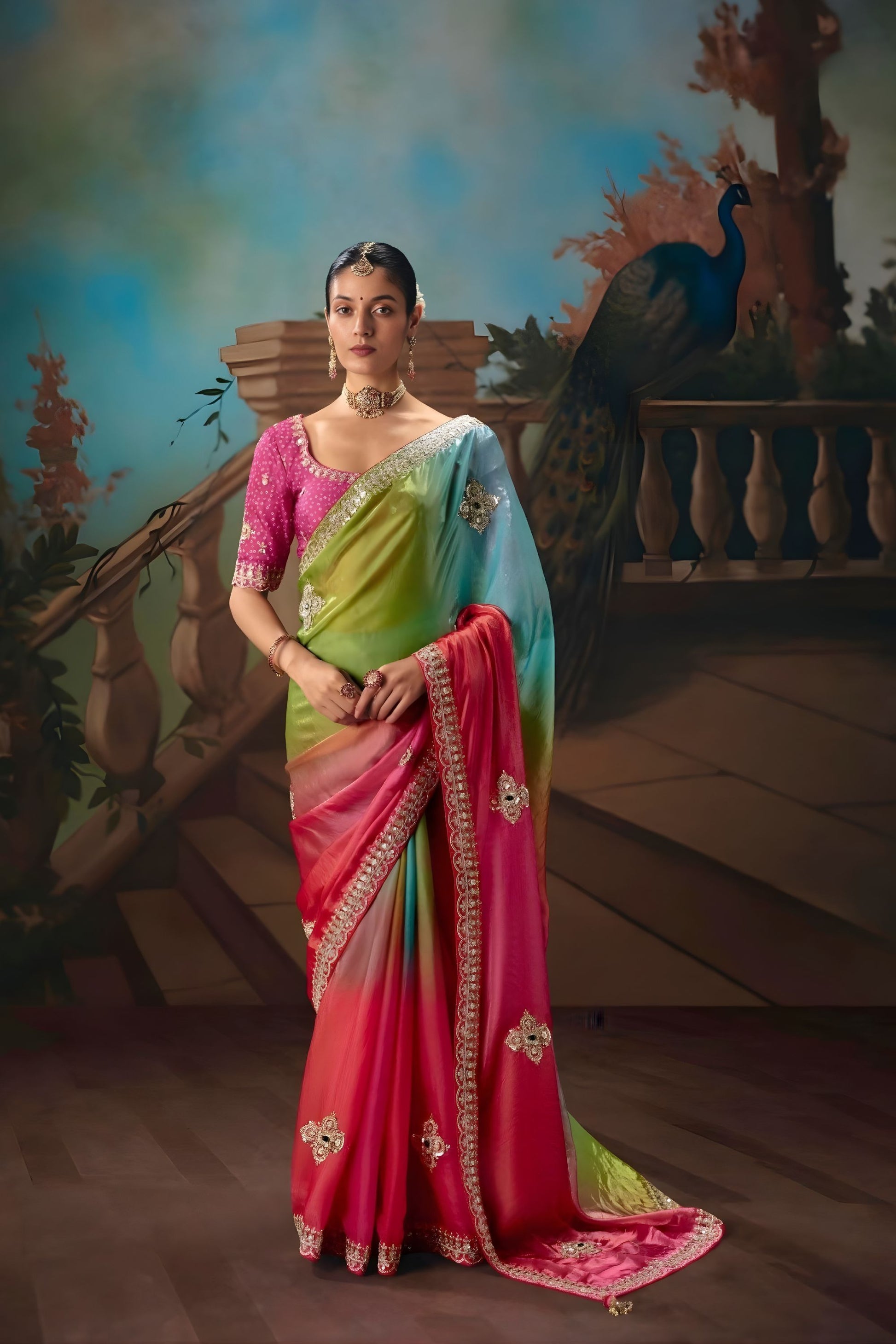 Multicolor Ombre Embroidered Silk Saree Festive Wear