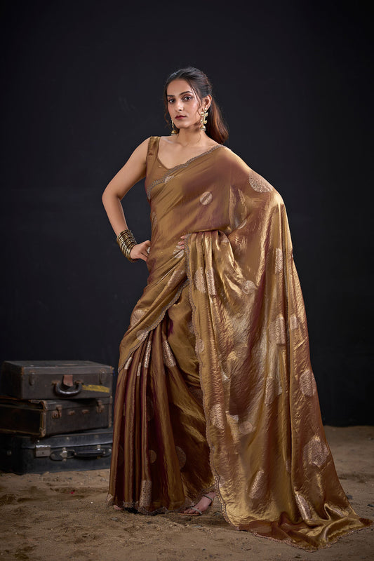 Bronze Gold Tissue Silk Saree with Zari Polka Butti Work