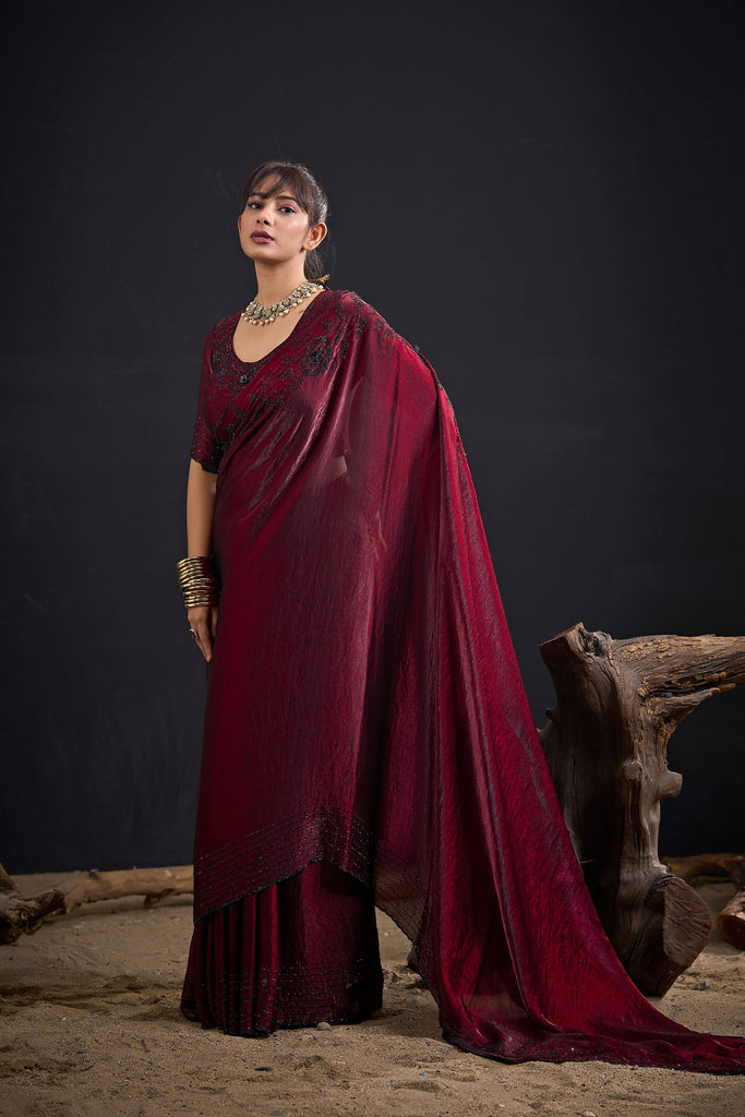 Wine Maroon Embroidered Silk Saree with Designer Blouse