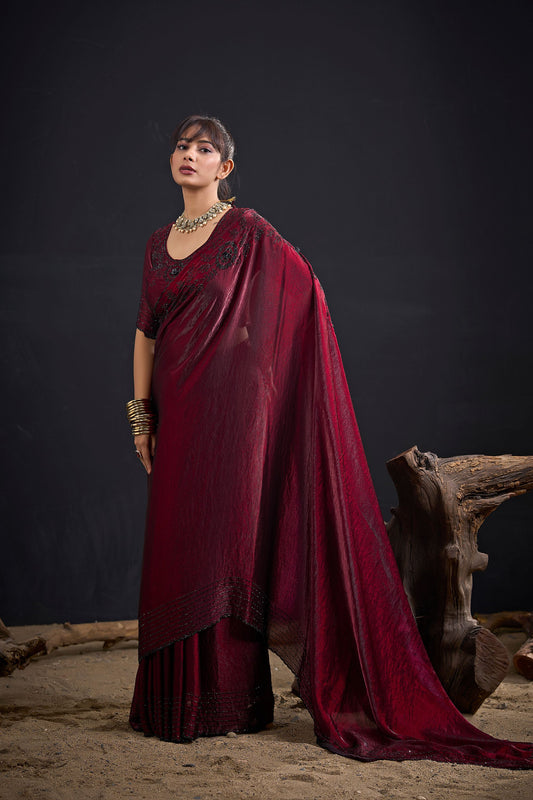 Wine Maroon Embroidered Silk Saree with Designer Blouse