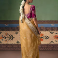 Mustard Yellow Organza Silk Saree Heavy Zari Embroidery Border Designer Blouse