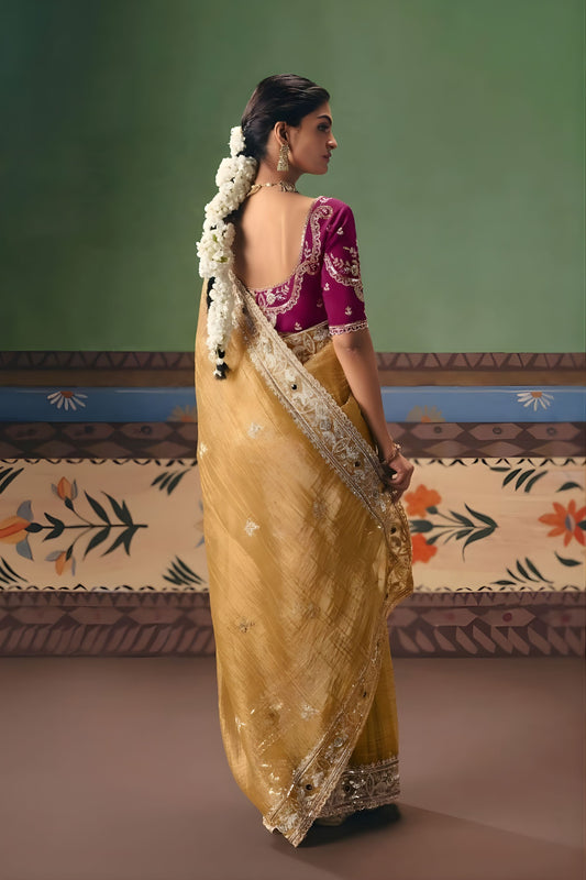 Mustard Yellow Organza Silk Saree Heavy Zari Embroidery Border Designer Blouse