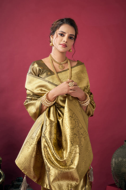 Olive Gold Banarasi Silk Saree Rich Golden Zari Weaving Blouse