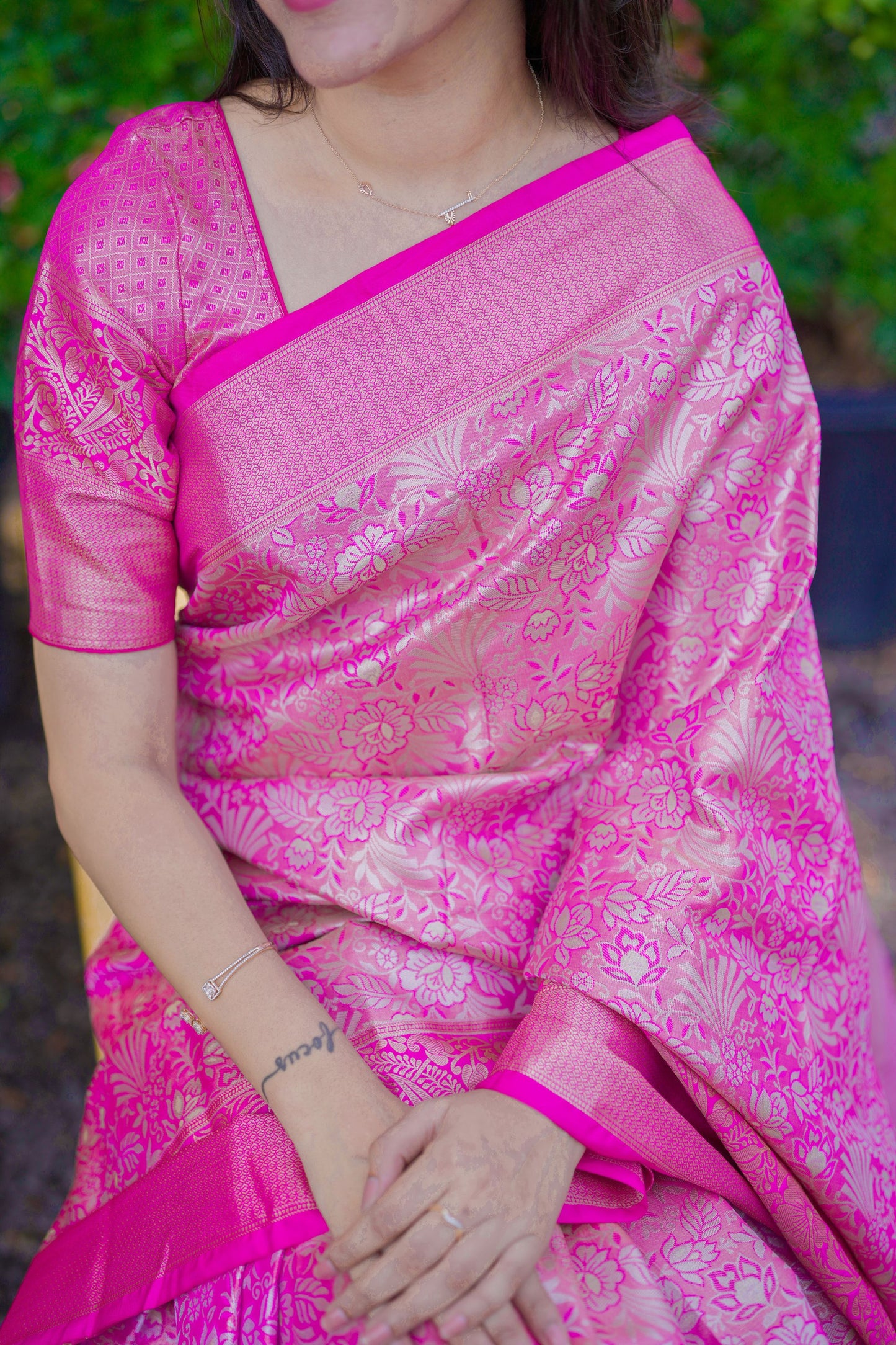 Luxury Rani Pink Banarasi Silk Saree with All-Over Floral Zari Weaving
