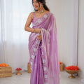 Lavender Soft Silk Saree with Silver Floral Embroidery Border Matching Blouse
