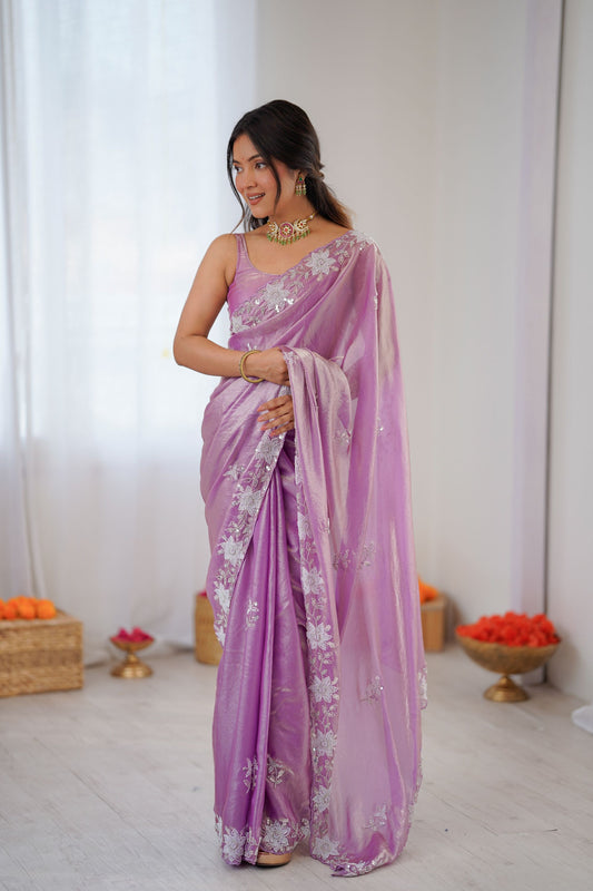 Lavender Soft Silk Saree with Silver Floral Embroidery Border Matching Blouse