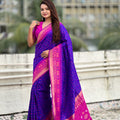 Royal Blue Saree with Rani Pink Contrast Border Traditional Printed Design