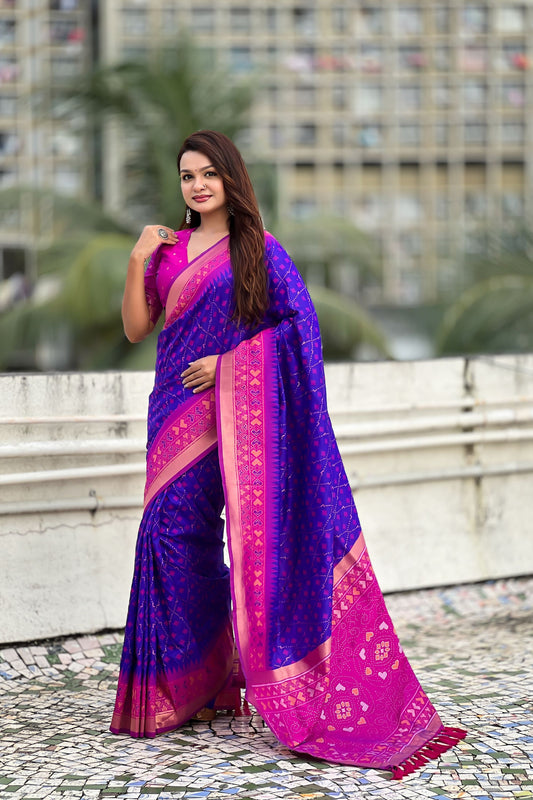 Royal Blue Saree with Rani Pink Contrast Border Traditional Printed Design