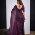 Wine Purple Organza Saree Black Floral Embroidery Designer Saree
