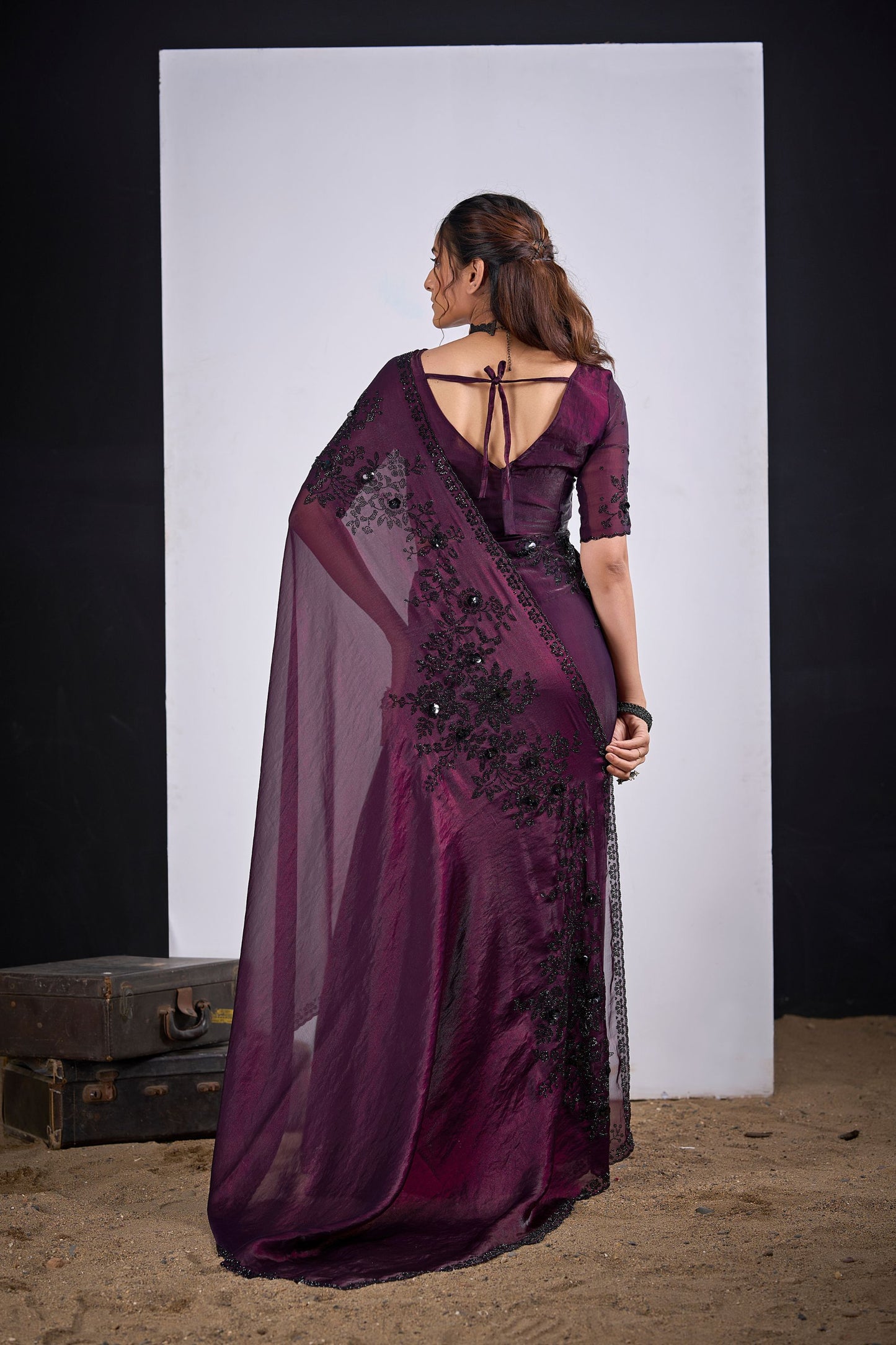 Wine Purple Organza Saree Black Floral Embroidery Designer Saree