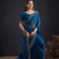 Teal Blue Silk Saree Designer Embroidered Border Party Wear Saree