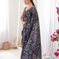 Black Floral Digital Printed Linen Saree with Designer Lace Border