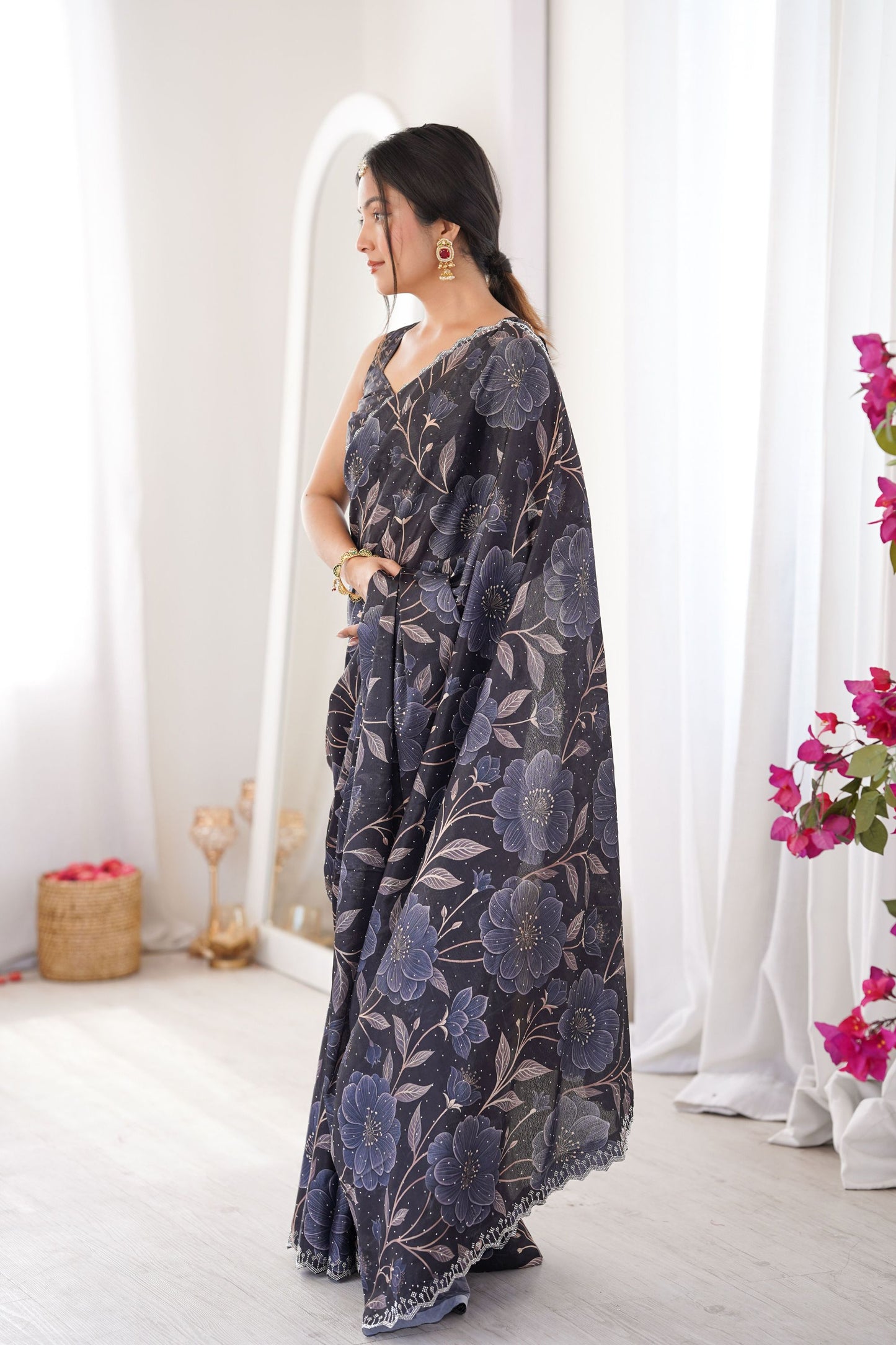Black Floral Digital Printed Linen Saree with Designer Lace Border