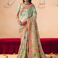 Designer Mint Green Silk Saree with Floral Zari Border Print Pallu 