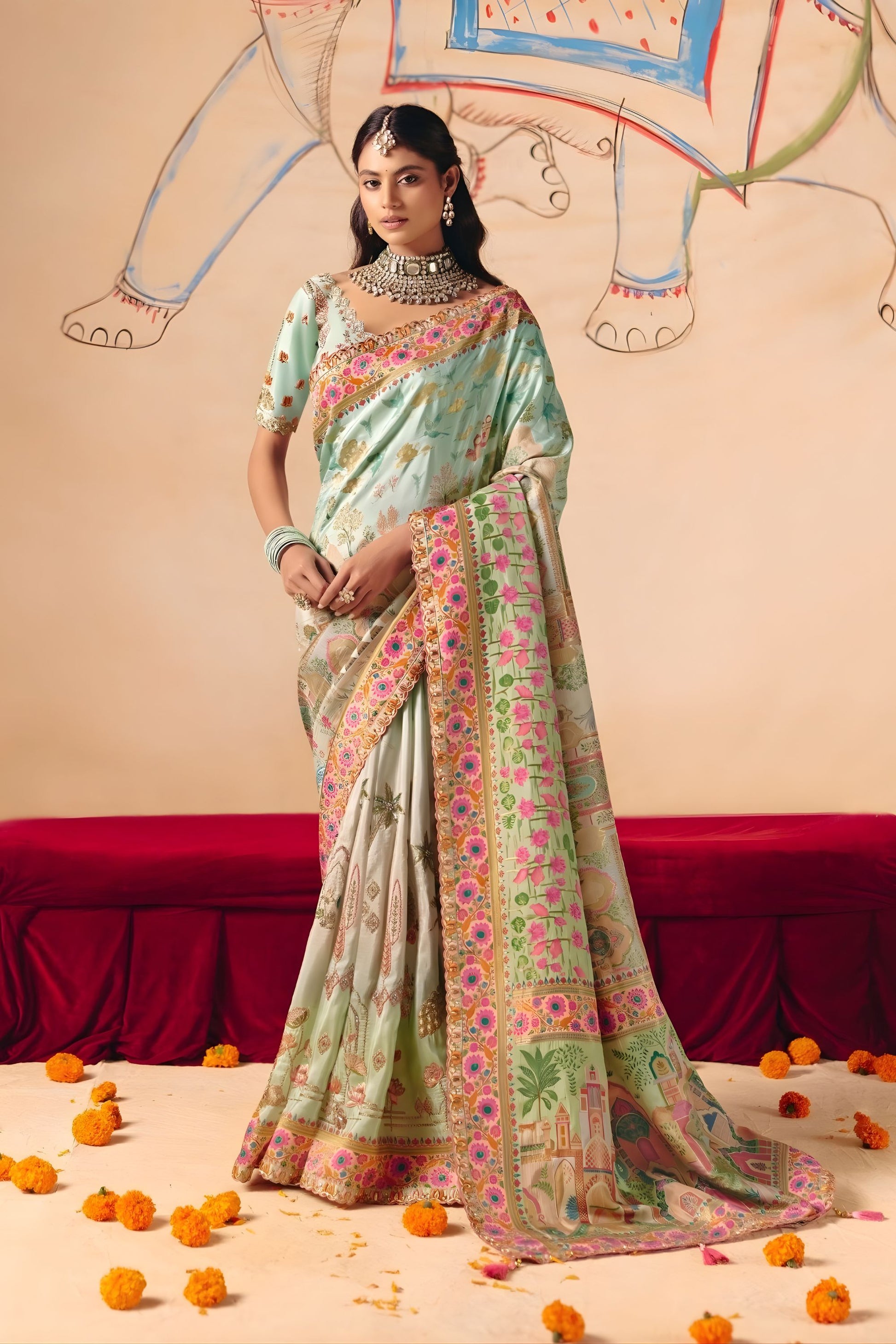 Designer Mint Green Silk Saree with Floral Zari Border Print Pallu 