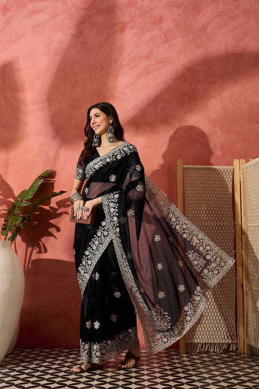 Black Embroidered Georgette Saree with Designer Border Party Wear Saree