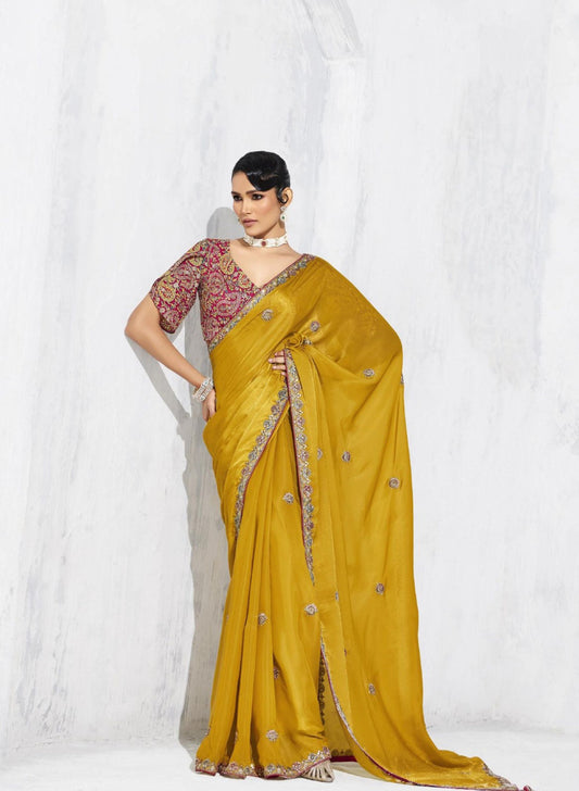 Designer Mustard Yellow Silk Saree Border Maroon Blouse