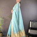 Sky Blue Linen Silk Saree with Golden Zari Border Tassel Pallu