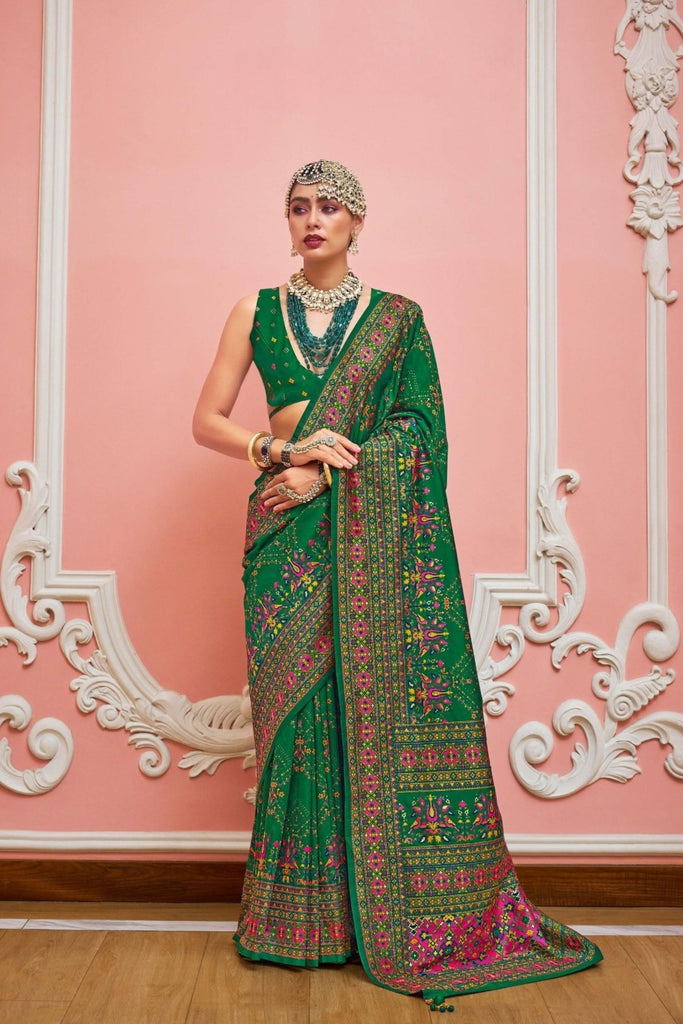 Elegant Green Patola Printed Silk Saree Matching Blouse Festive Wear